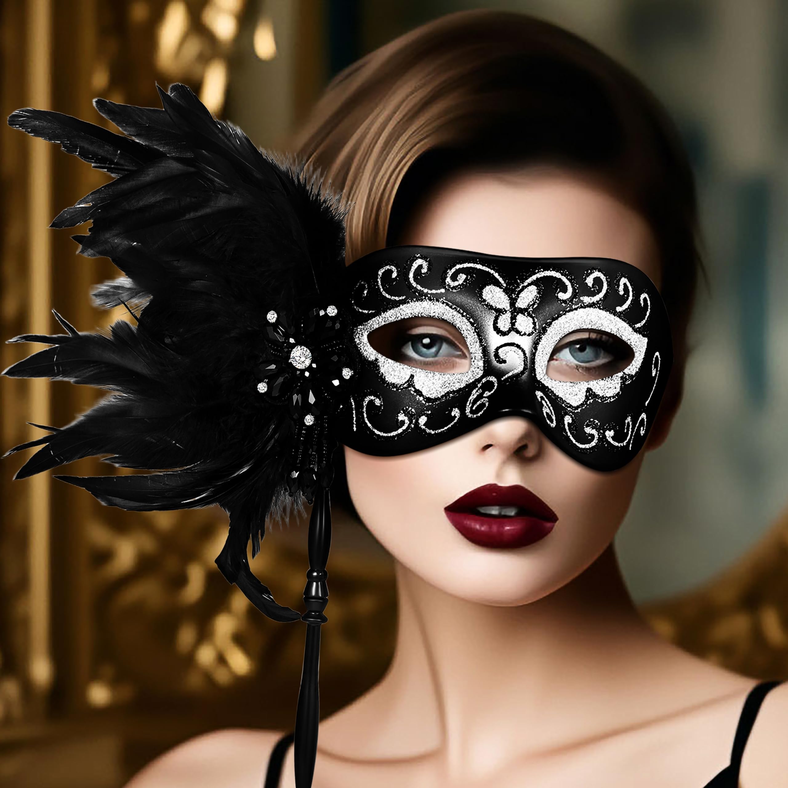 Oidea Masquerade Mask for Women with Stick: Handheld Mardi Gras Mask Women's Feather Prom Party Venetian Mask Shiny Bead Masks Halloween Costume Accessory - Image 2