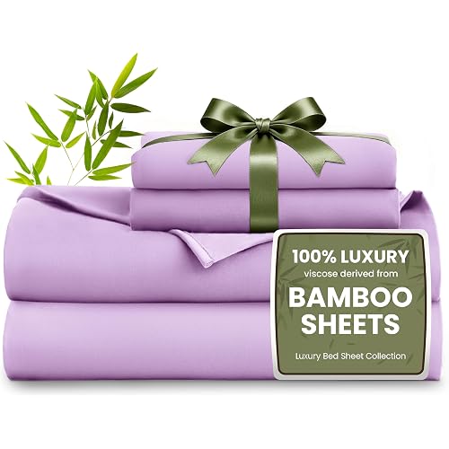 Love's cabin 4 Piece Full Size Sheet Set, 100% Rayon Derived from Bamboo, Cooling & Breathable, Soft Silky Deep Pocket up to 16", Hotel Luxury Bedding for Hot Sleepers, Lavender