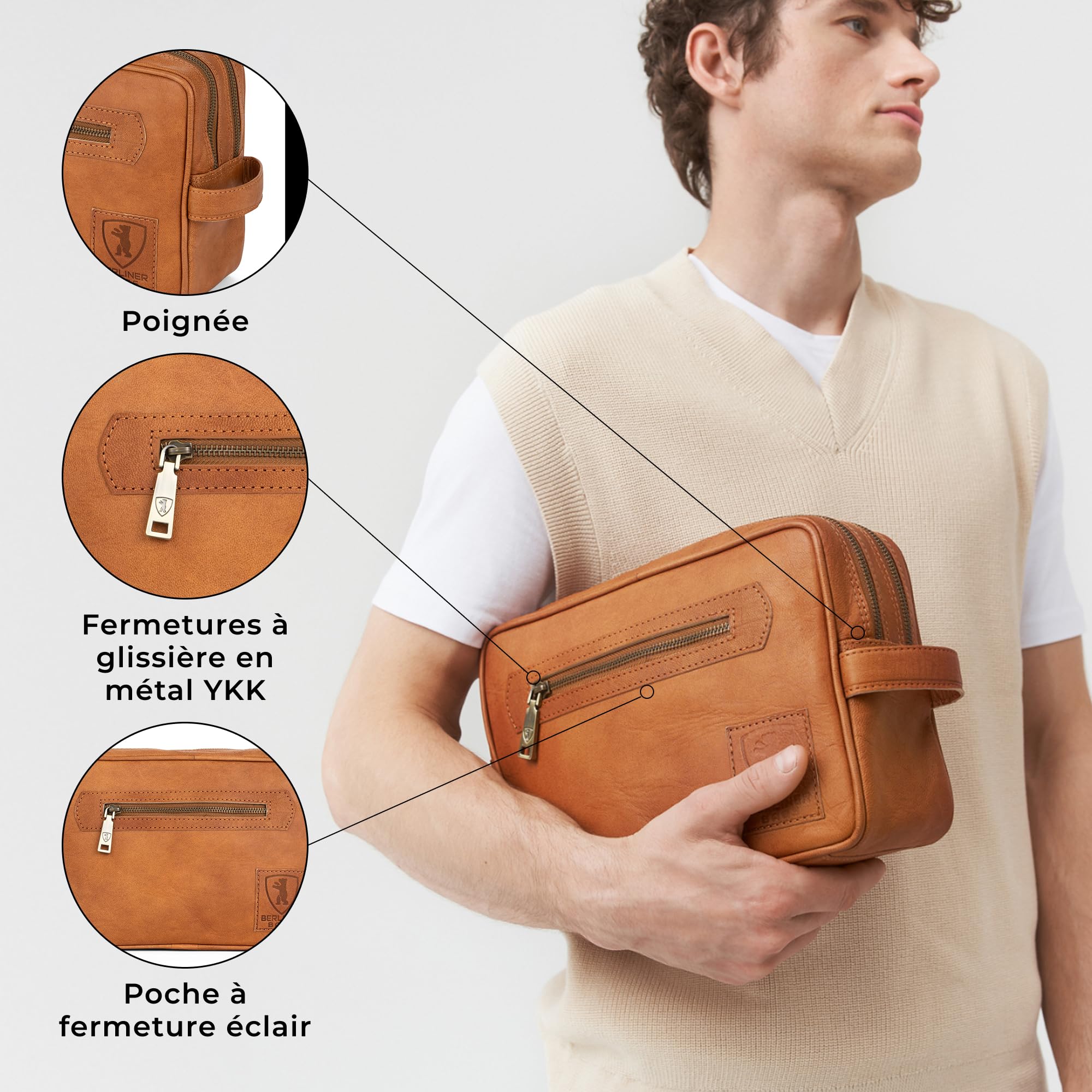 Berliner Bags Paul Trousse de Toilette en Cuir Véritable, Trousse de Voyage Spacieuse et Élégante, Idéale pour Le Voyage, pour Hommes et Femmes