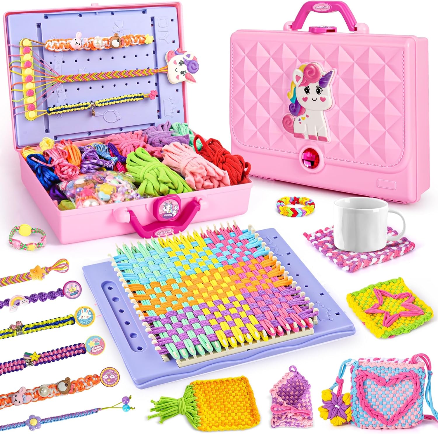 ELFJOY Friendship Bracelet Making Kit,Arts and Crafts Kit for Girls Ages 8 9 10 11 12,Rainbow Weaving Loom for Kids to Make Bracelets Coasters Complete Beginner Weaving Supplies for Christmas Birthday