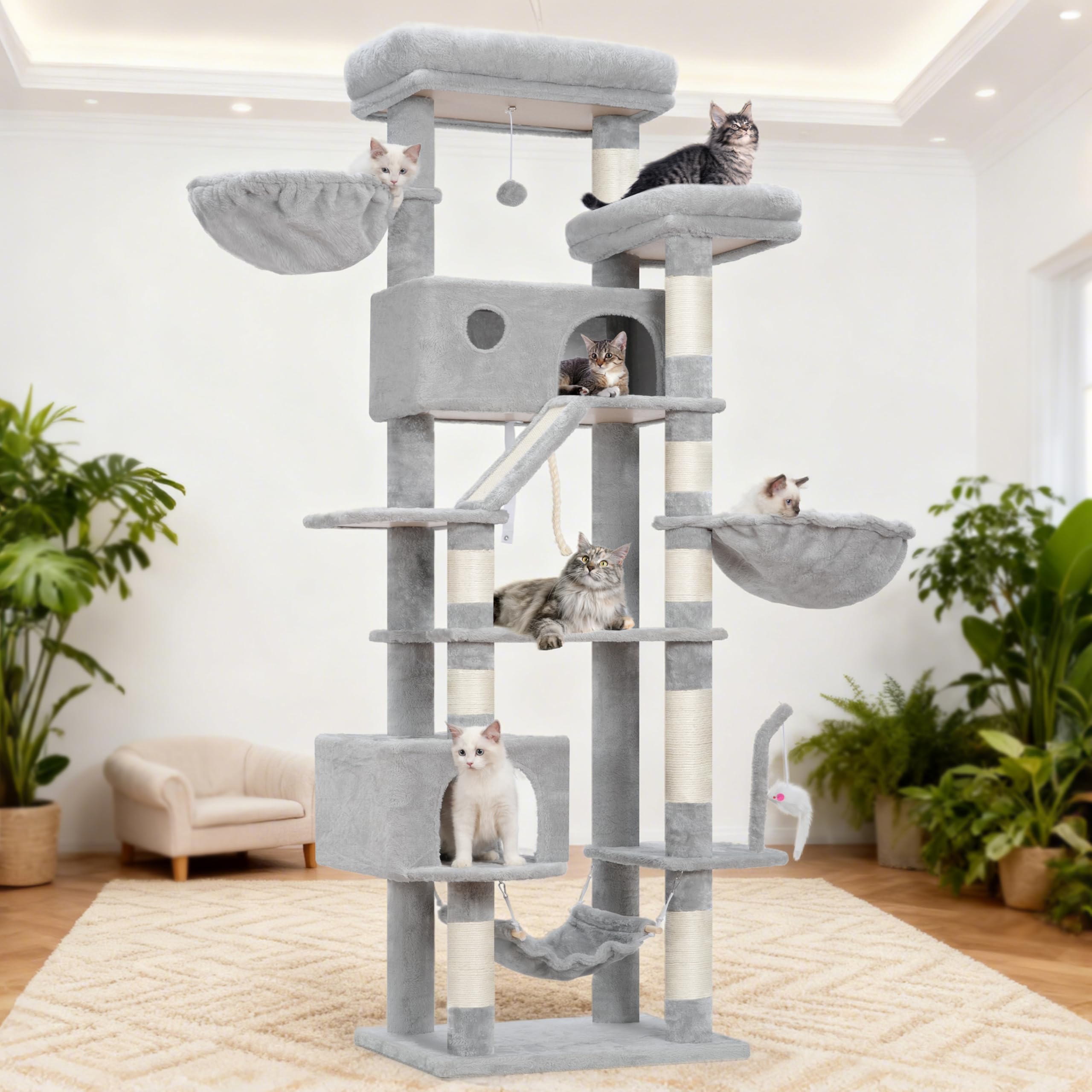 Gitelsnour Kratzbaum groß, katzenbaum große Katzen stabil für Innenbereich, 200 cm katzenkratzbaum mit geräumiger Plattformen, Katzenhöhlen, Hängematte, Sisalsäulen, Hellgrau GCT031W