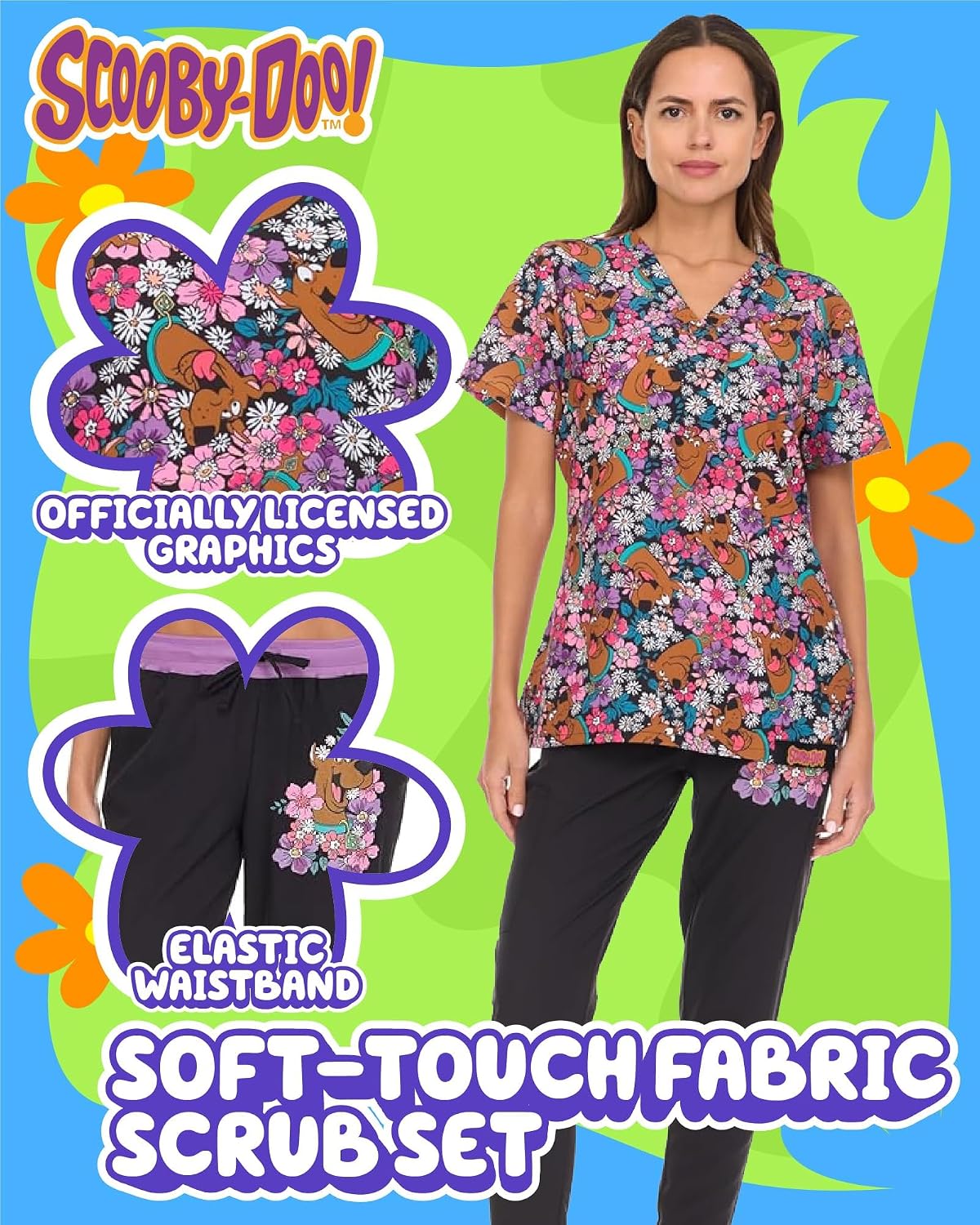 COCO BRANDS SpongeBob SquarePants Womens Scrub Sets - 2 Piece Scooby-Doo Snoopy Garfield Scrub Top and Scrub Bottoms (S-XL)