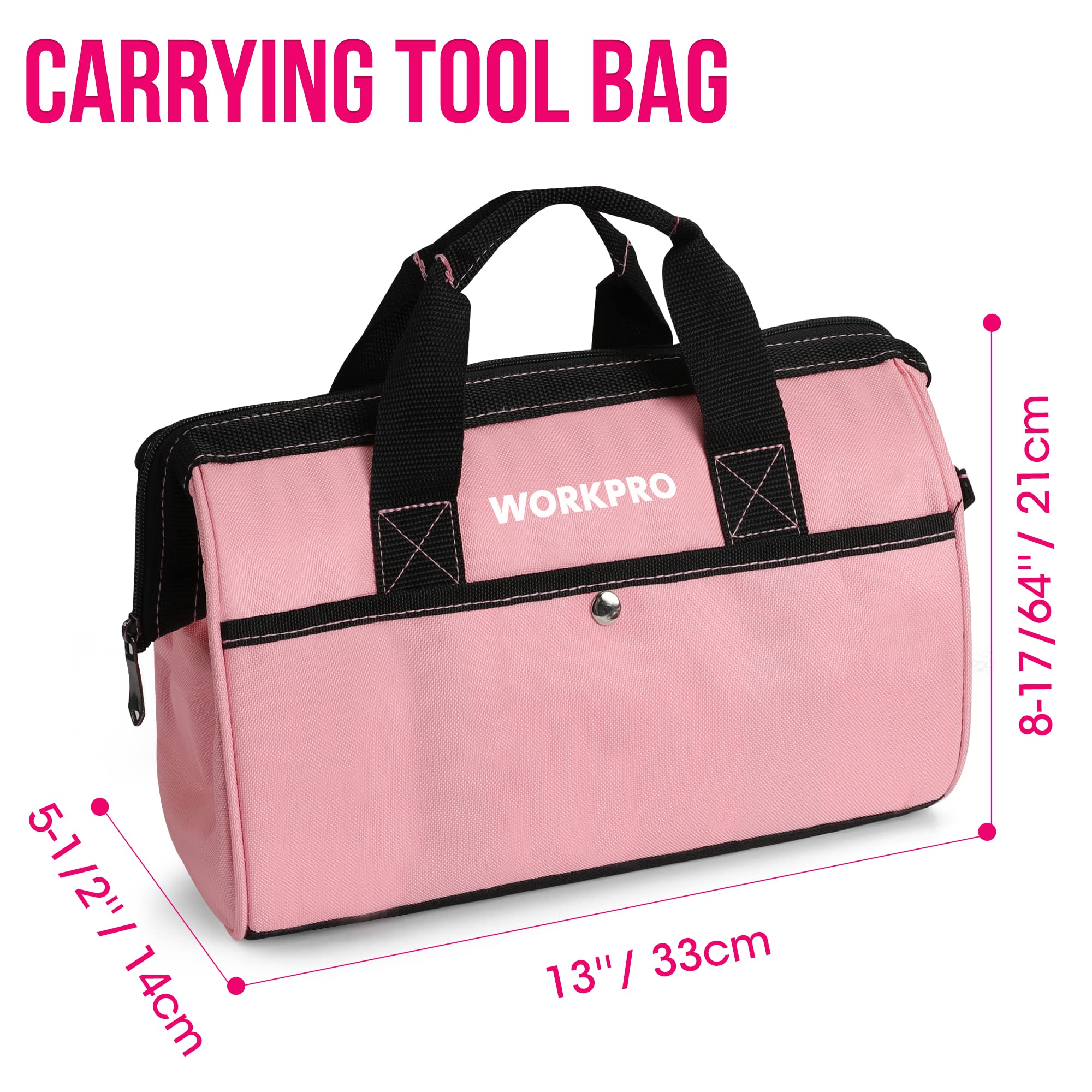 WORKPRO 53-tlg. Werkzeug Set Rosa mit Akkuschrauber klein, pink Werkzeugtasche gefüllt für Haushalt Reparatur mit Wasserwaage, Wasserpumpenzange, Geschenke für Mutter, Heimweiker