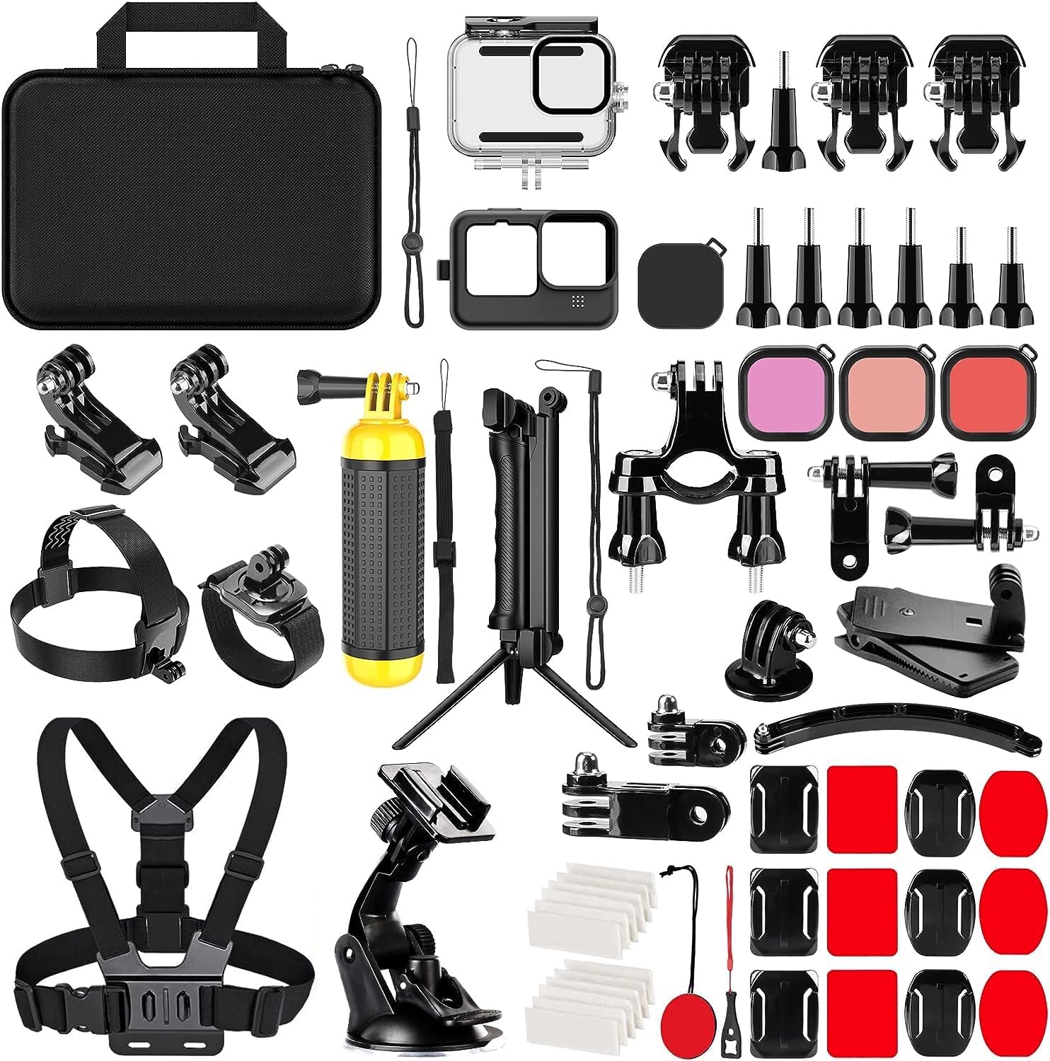 Action Camera Accessories Kit for GoPro Hero 13 12 11 10 9, With Waterproof Housing Case and 3 in 1 Selfie Stick, 63 in 1 Full Essential Accessories Set for gopro hero 9-13 Action Cameras