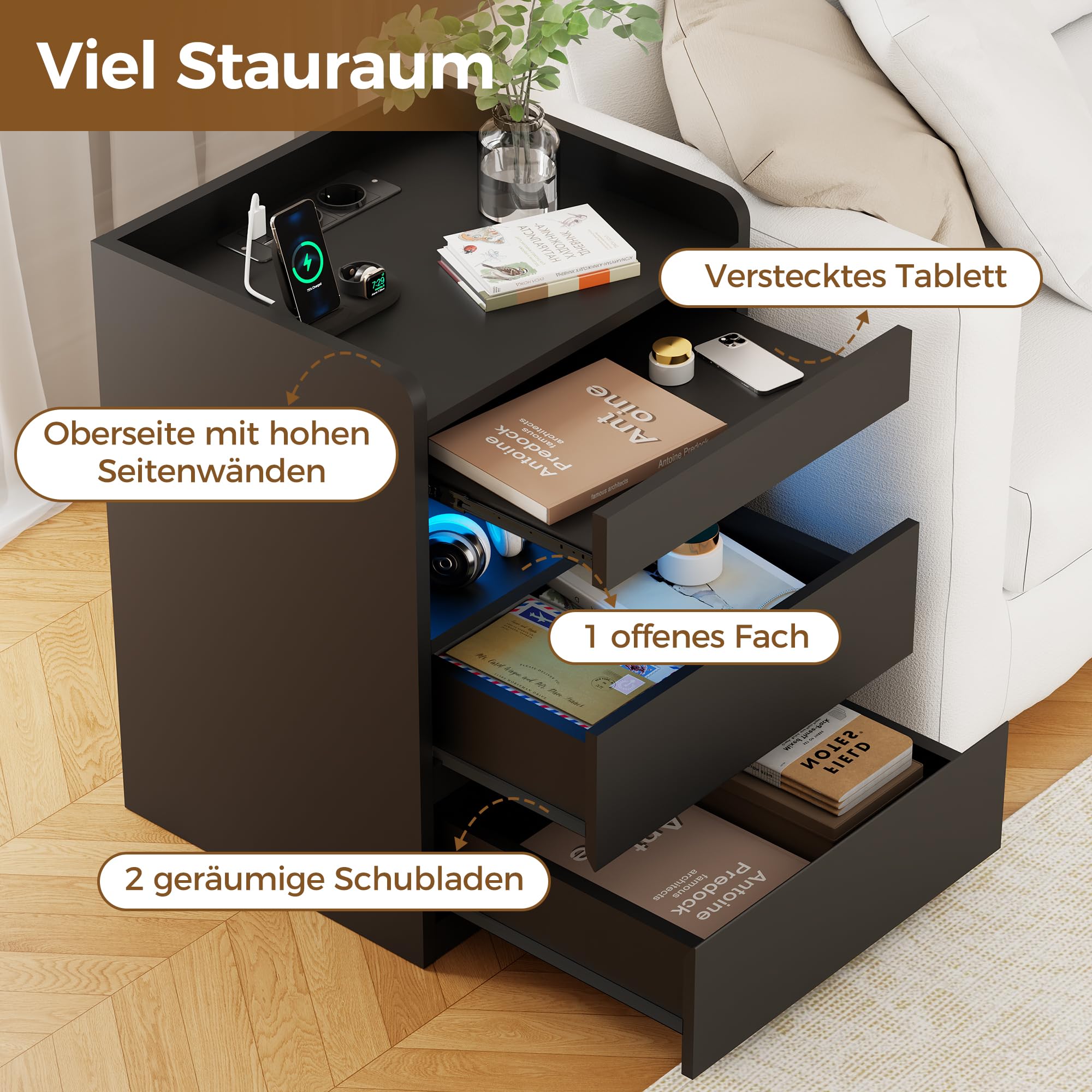 BEWISHOME Nachttisch 2er Set,Nachtschrank mit Verstecktes Fach,Nachttisch mit Steckdose,Einfach und vielseitig Nachtschrank mit Ladefunktion,für Wohnzimmer und Schlafzimmer (Schwarz) EFCG02B