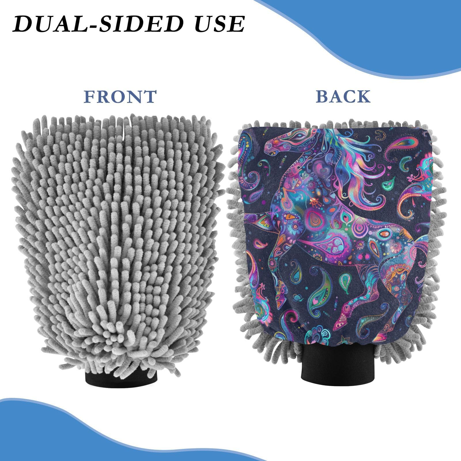 IOACIY Absorbent Microfiber Car Wash Drying Mitts, 2 Pack, Scratch-Free & Lint-Free, Rich Foam, Highly Absorbent, Double Sided, Wash Mitt Perfect for Car Washing, L, Horse (1)