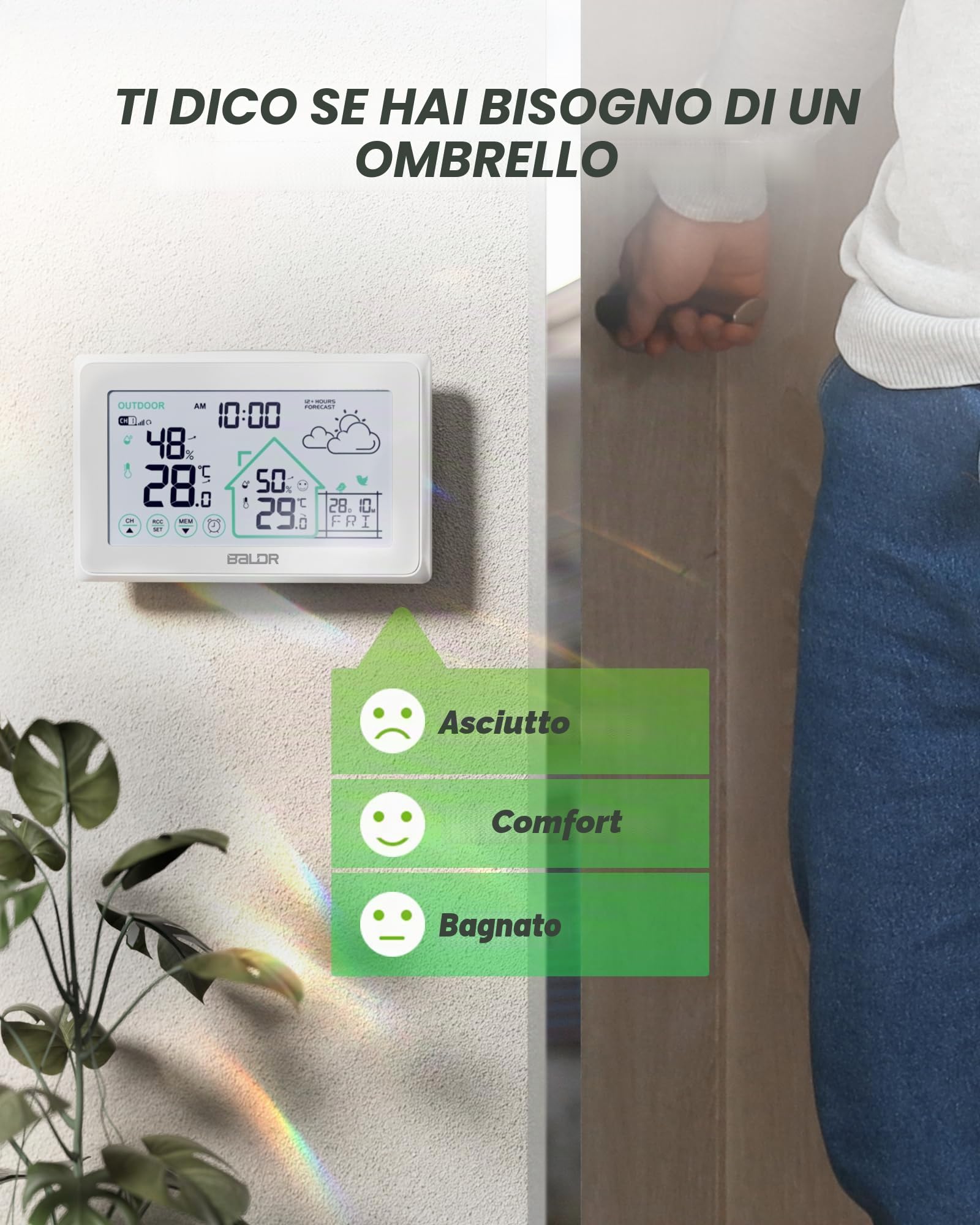 BALDR Stazione Meteo LCD con Sensore Esterno, Stazione Metereologica con Previsioni Meteo, Temperatura e Umidità, Livello di Comfort, 4 Livelli di Retroilluminazione