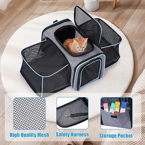 Miniatura 6 de Bolsa de transporte para mascotas expandible de viaje de 2 lados (grande), transportador de gatos de lados suaves con almohadilla y bolsillo y