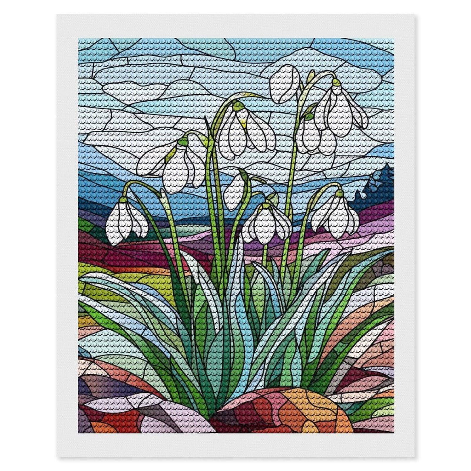 Junmoney Stained Glass Snowdrops Diamond Art Kit 16"x20", Modern Decor, for Adults, Printed Canvas, Holiday Gift Idea, Fun Craft Experience