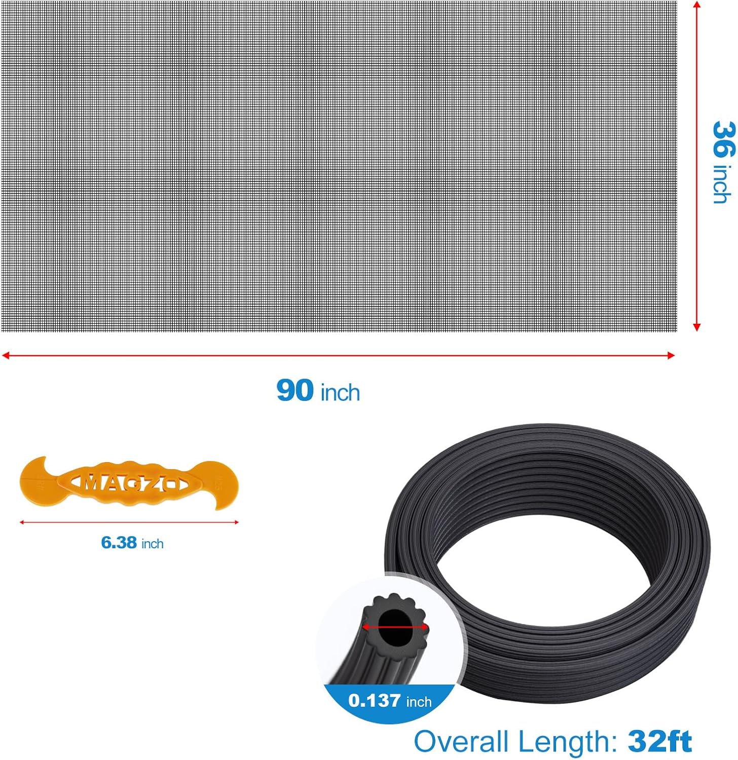 Window Screen Replacement Kit, 36"W × 90"L Durable Polyester Adjustable Screen Mesh with Retainer Spline (32ft) for DIY Project Window Screen Door Screen Replacement & Repair, Black