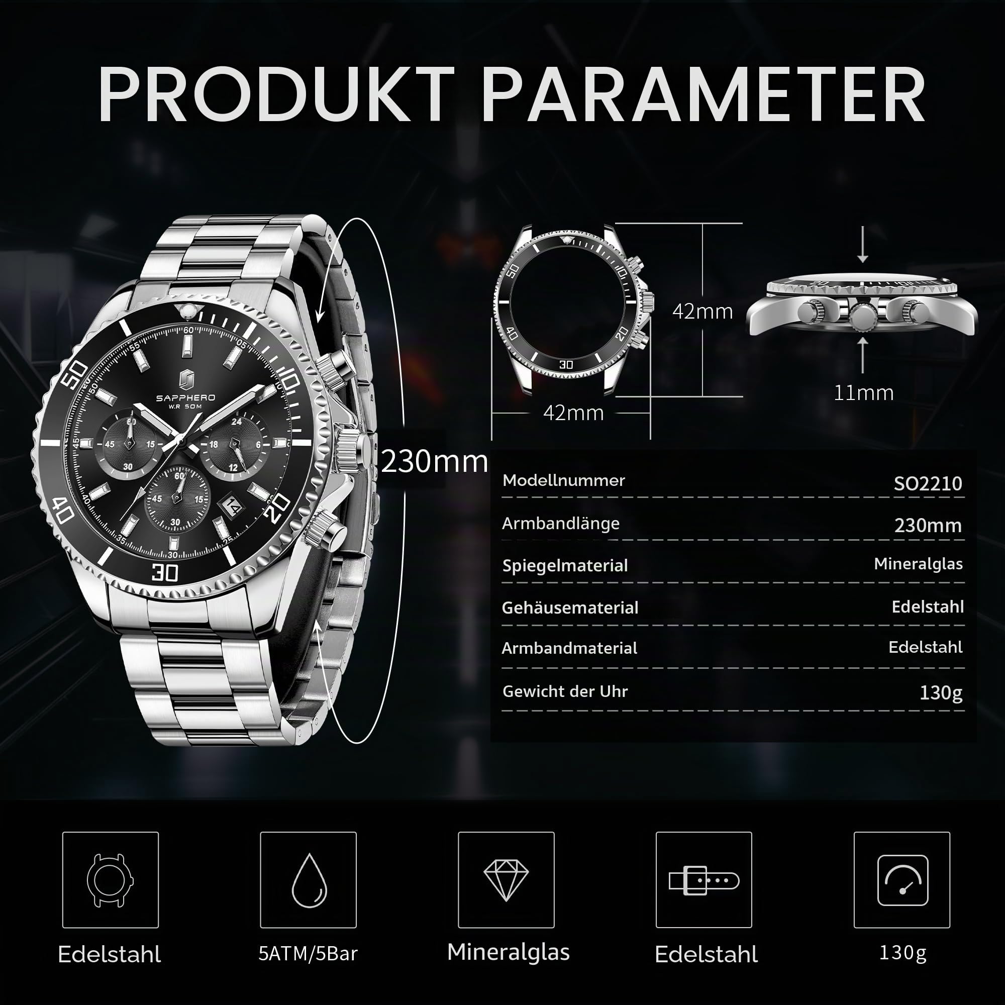 SAPPHERO Uhren Herren Chronograph Analog Quarz 50M Wasserdicht Armbanduhr Herren Mode Lässig Business Herrenuhren mit Kalender Edelstahlarmband Uhr Geschenk für Männer