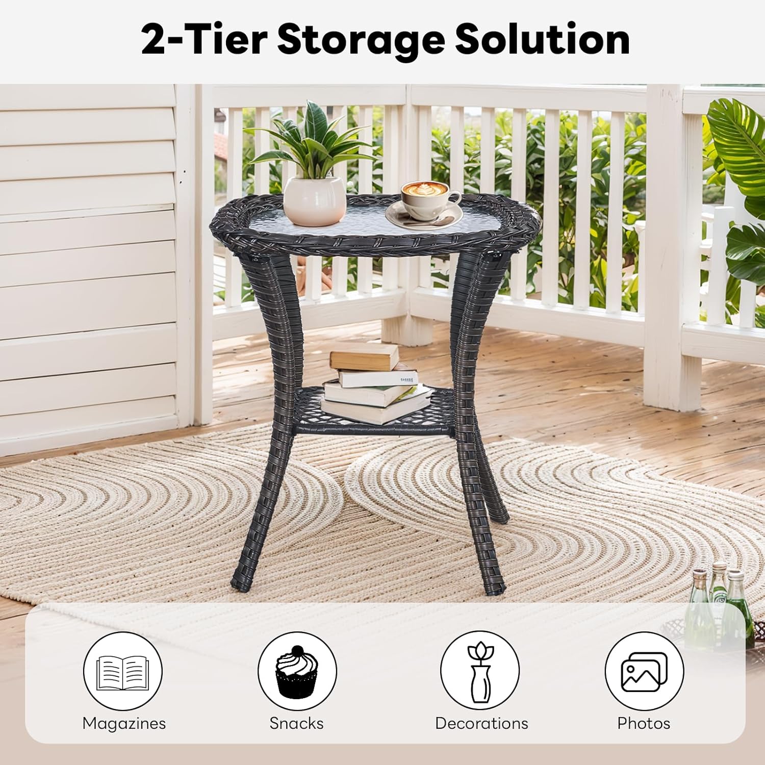 Belord Rattan Patio Side Table, 2 Tier Hand Woven Wicker Bistro Table, 5 mm Frost Glass Top Square Table, Brown Wicker