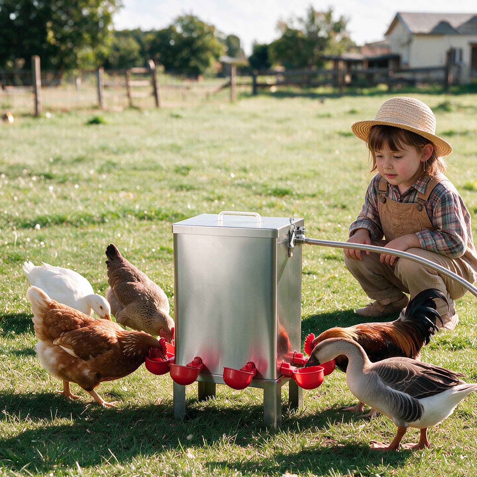 Bebedero AutomáTico para Gallinas de Acero Inoxidable 11 L | Bebedero para Aves con Cuenco de Agua, Soporte de Suelo y Manguera de ConexióN, Ideal para Gallinas, Codornices y Patos