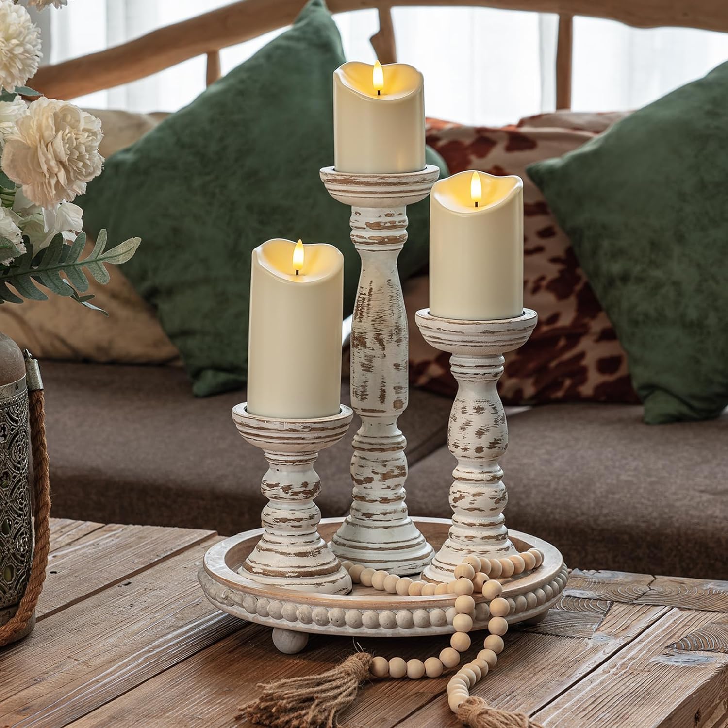 Homemory Farmhouse Wood Candle Holders for Pillar Candles Set of 3, Rustic Candle Holders for Table Centerpiece, 13" 9" 6" Vintage Tall Candle Stand Decorative for Dining Fireplace Living Room (White)