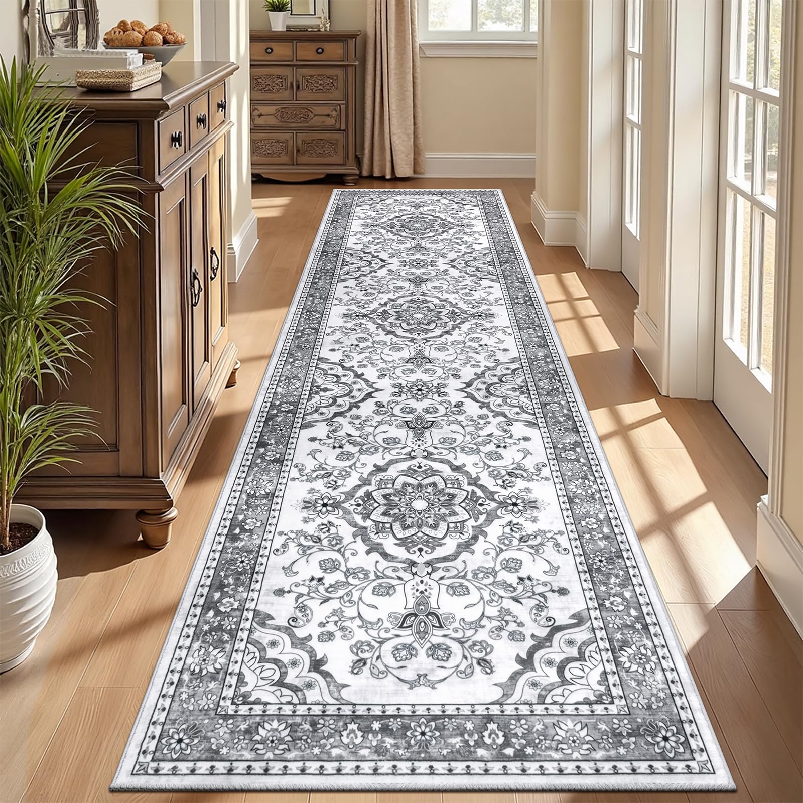 Enyhom Teppich Läufer Flur 80 x 300cm Hochwertig rutschfest Läufer Küche Traditioneller Langer Teppichläufer Waschbar Retro Weich Schlafzimmer Läufer für Büro Korridor, Grau