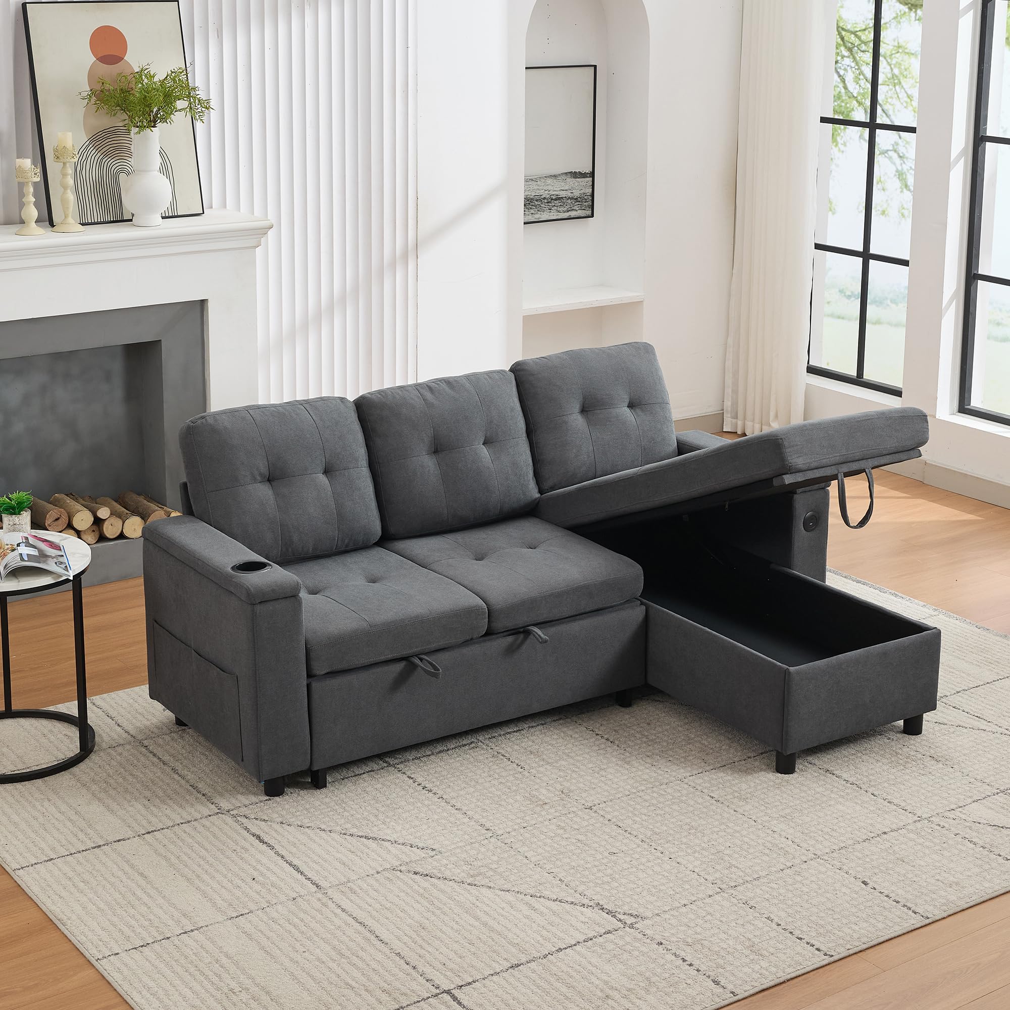 Sofá cama de 3 plazas, 208 × 146 cm, sofá plegable con espacio de almacenamiento y barra de luz LED, sofá con USB y tipo C, soporte para bebidas y bolsillos laterales, sofá esquinero en