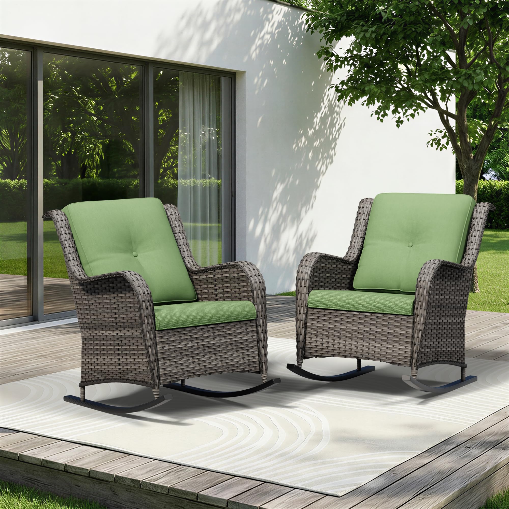 Patio Rocking Chairs Set of 2, Outdoor Wicker Patio Furniture Set 2 Pieces with Thickened Olefin Cushions, High Back and Deep Seating, Hand-Woven PE Rattan for Porch, Deck, Green