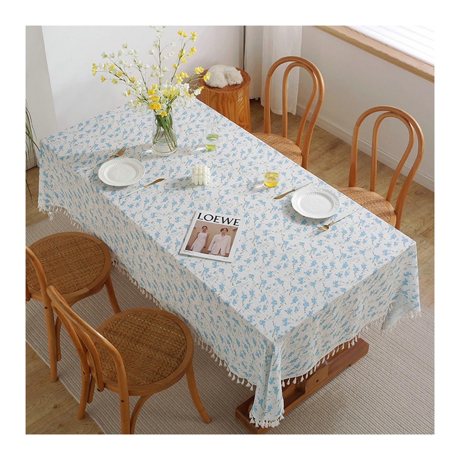 Nappe de table anti tache 110x170 imprimé floral champêtre bleu pour décoration