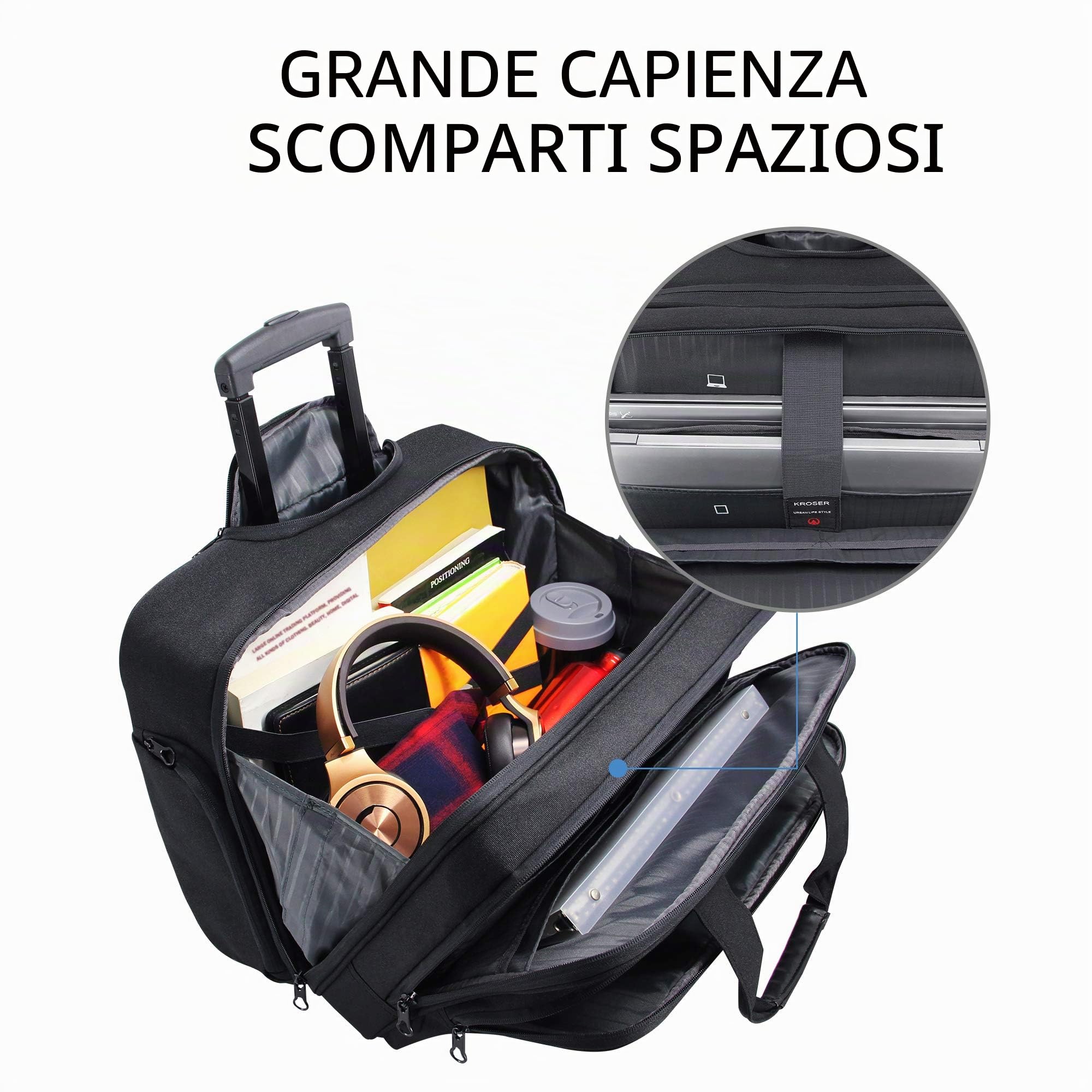 KROSER Trolley per PC Portatili Borsa per Laptop con Ruote Fino a 17,3" Impermeabili Valigia per Computer con Rotelle con Tasca RFID per Lavoro/Affari/università/Uomini/Donne-Rolling Laptop Bag