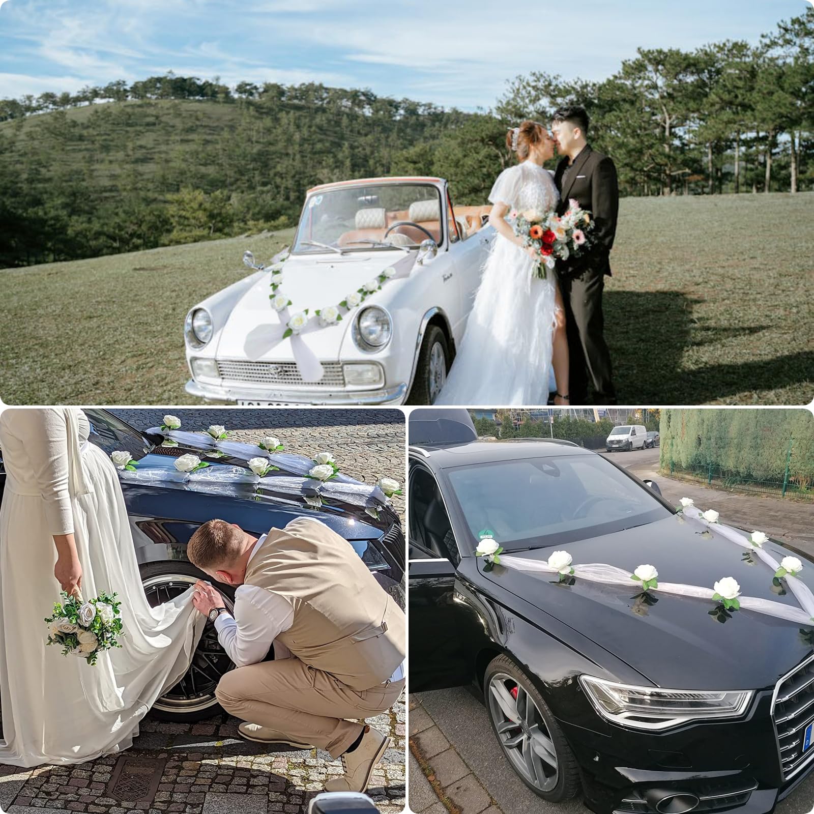 Car Decoration Wedding Garland Wedding Jewellery White Gauze Rose Decoration Set including Suction Cups Car Jewellery Bridal Couple Rose Decoration Car Wedding - Image 4
