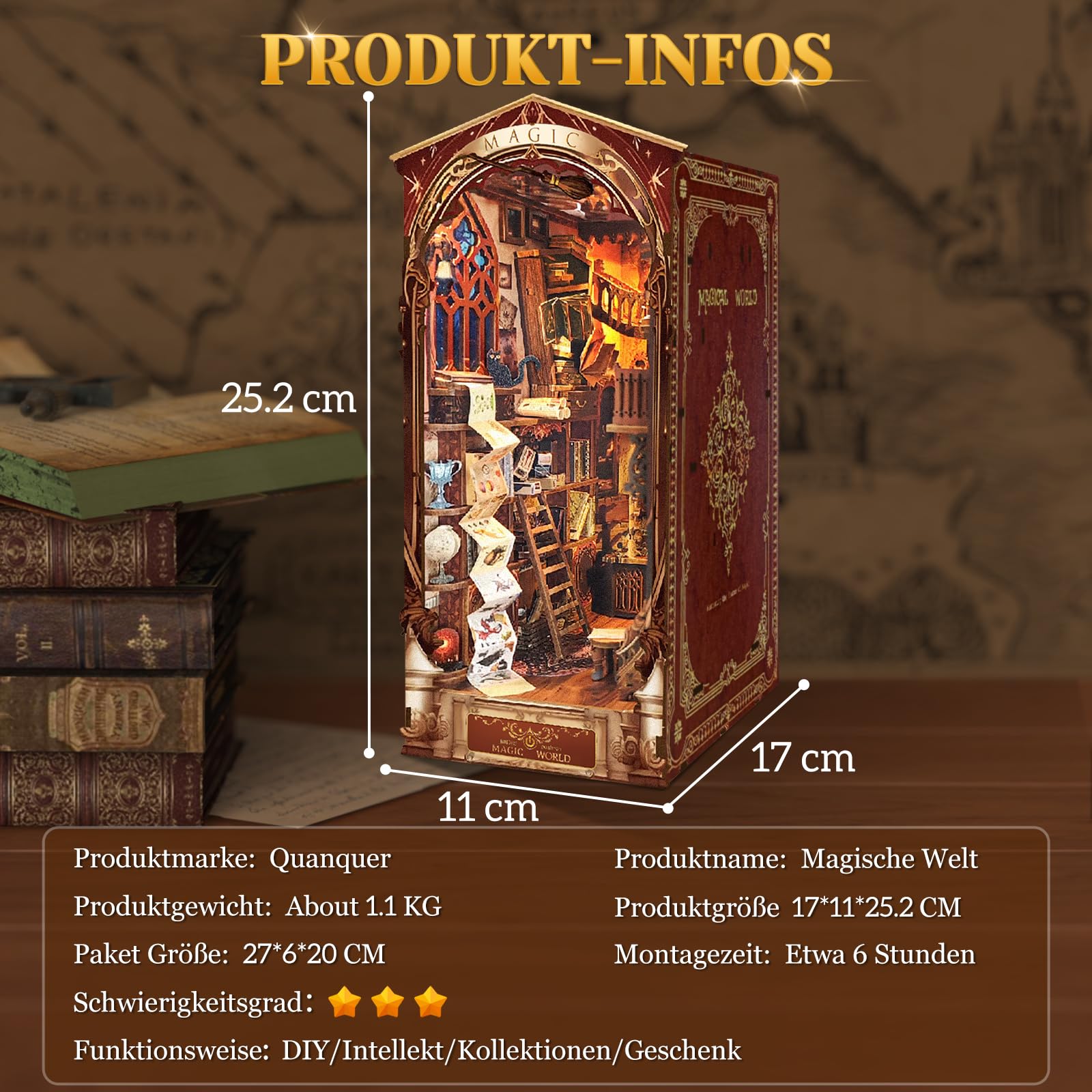 Quanquer Kit fai da te Book Nook – Kit per casa delle bambole fai da te in miniatura con mobili e luce LED, 3D puzzle fermalibri in legno, kit di modelli per adulti da costruire