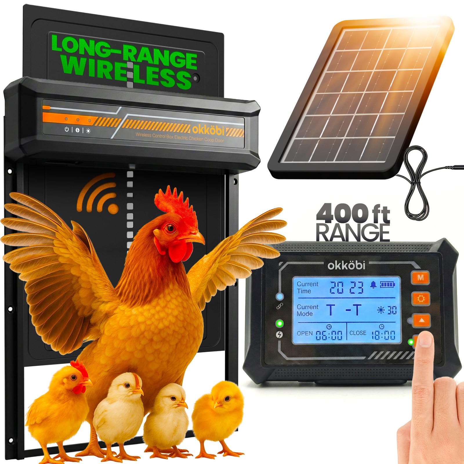 Chicken Coop Door Wireless Display LCD, Timer e Sensore di Luce | Porta Automatica per Pollaio Solare con Centralina, Resistente ai Predatori, 27,5 36,15 CM, Impermeabile - Nero