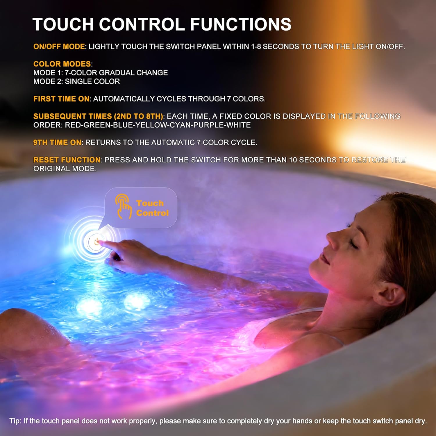 RGB Spa LED Light, 2-Inch Waterproof Multi-Color LED Light for Hot Tubs, Cold Plunge Pools, Ice Baths & Spas – IP68 Waterproof, 12V DC, with Touch Switch & Transformer