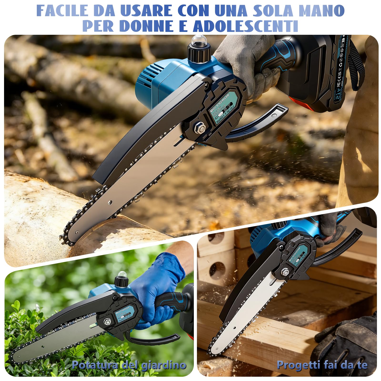 Mini motosega con batteria da 4000 mAh, 6 pollici, mini motosega elettrica con olio automatico e batteria da 2 × 2000 mAh, batteria per cesoie da giardino, potatura potatura (blu)