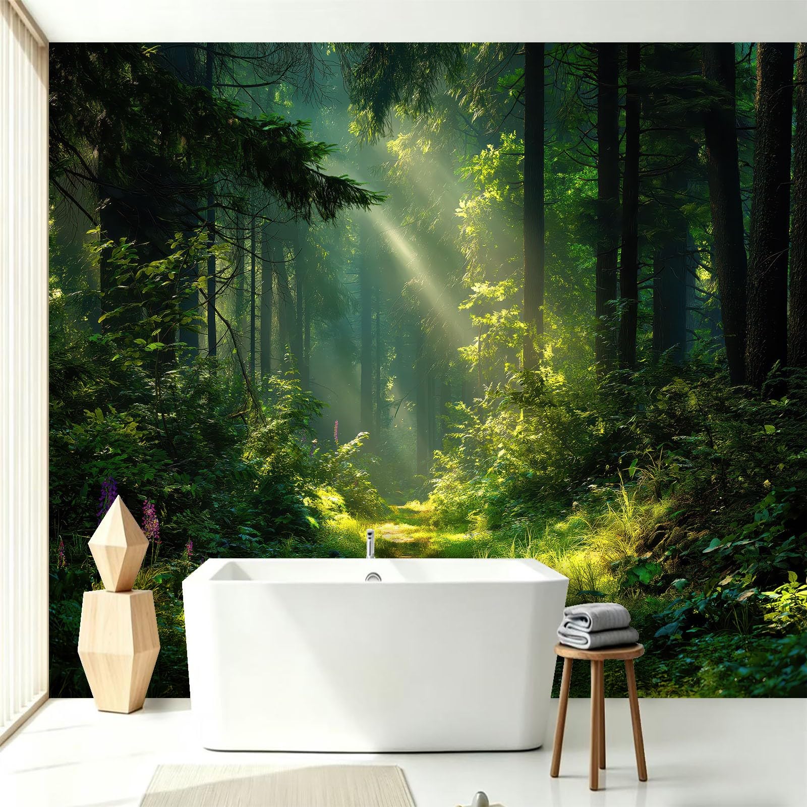 Générique Tapeta z włókniny z naturalnego krajobrazu 350 x 256 cm, tapeta z motywem porannego lasu, łatwa do zainstalowania dekoracja ścienna do salonu, sypialni, kuchni