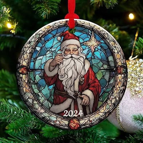 Miniatura 7 de Adorno colgante redondo de acrílico de la Navidad, estilo de vidrieras para la decoración del árbol