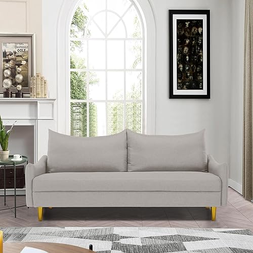 Sofá biplaza de lino moderno de 67 pulgadas, sofá biplaza tapizado de mediados de siglo con 2 almohadas y 4 patas doradas, sofás de 2 plazas para