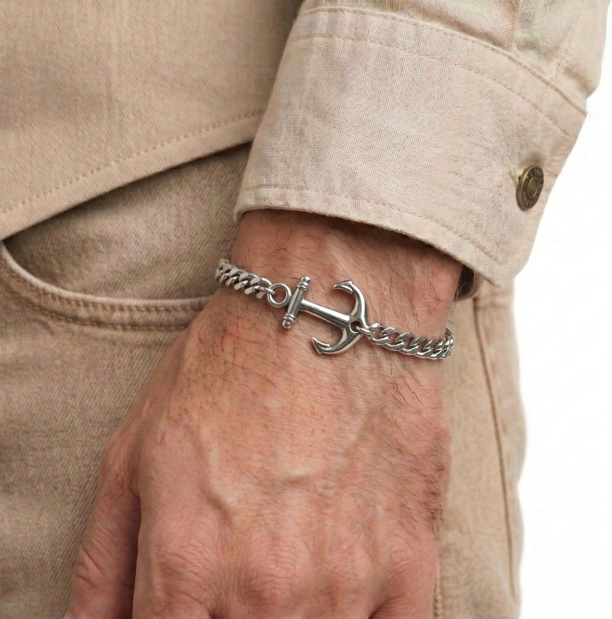 Mens Bracelet with Stainless Steel Anchor Pendant, Silver Plated Chain Non Tarnish Bracelets, Stylish Birthday Gift For Men, Trendy Jewelry with Lobster Claw Clasp Men 7"