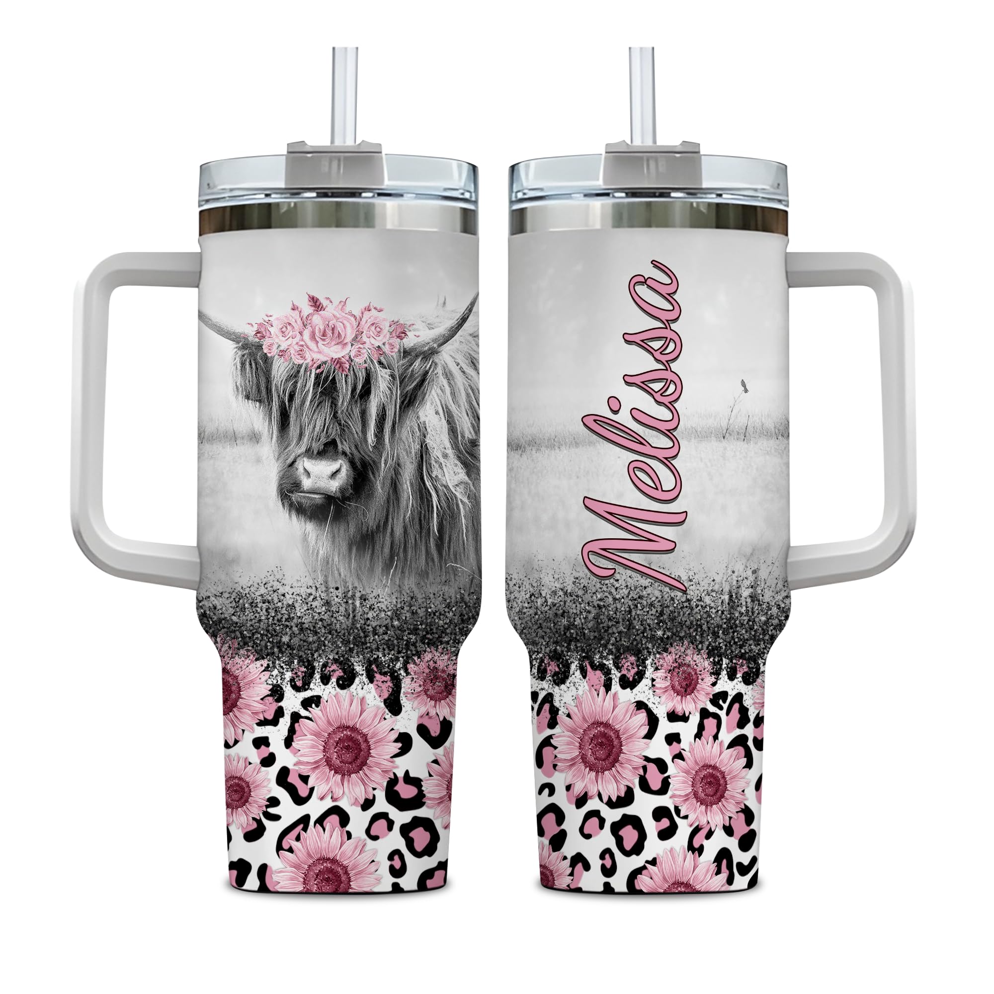 Hyturtle Personalized Highland Cow Tumbler 40 Oz with Handle and Straw - Stainless Steel Travel Coffee Cup With Lid - Highland Cow Gifts For Women On Birthday Christmas Mothers Day