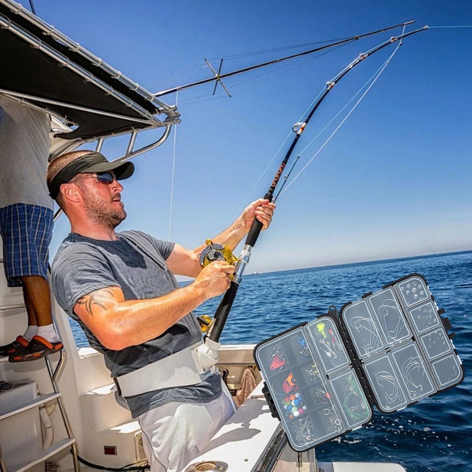 Scatola da Pesca, 12 Scomparti, Doppio Strato, con Corda a Mano, 14 Piccoli Inserti, Impermeabile, Nero