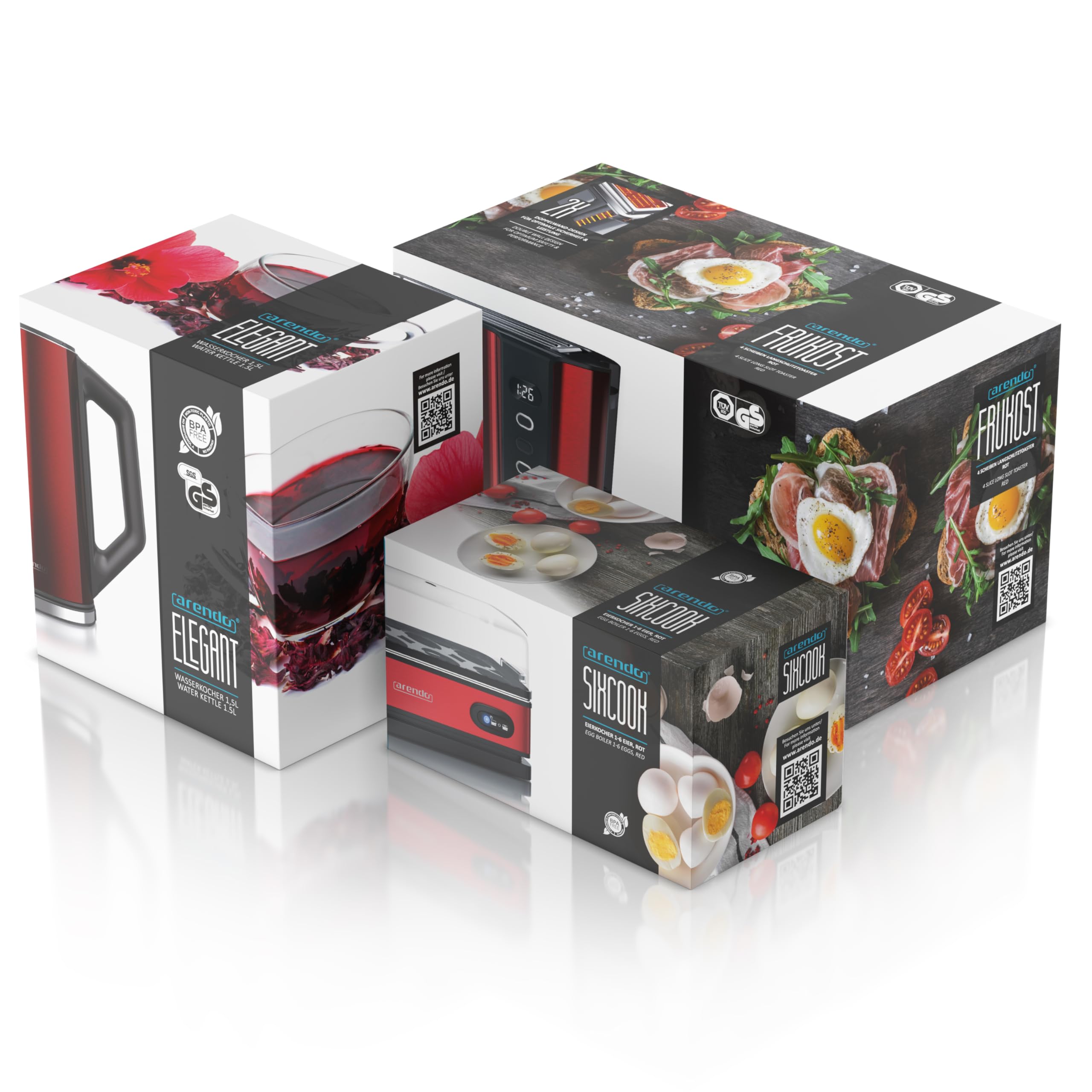 Arendo Wasserkocher Toaster Eierkocher Set Edelstahl Temperatureinstellung 4 Scheiben Langschlitz 1-6 Eier Küchenset Rot