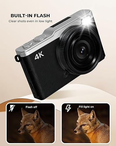 Miniatura 6 de Cámara digital HD 4K - Zoom digital de 16x, cámaras de 64MP para fotografía y vlogging, pantalla abatible de 2.4 pulgadas con flash, cámara compacta