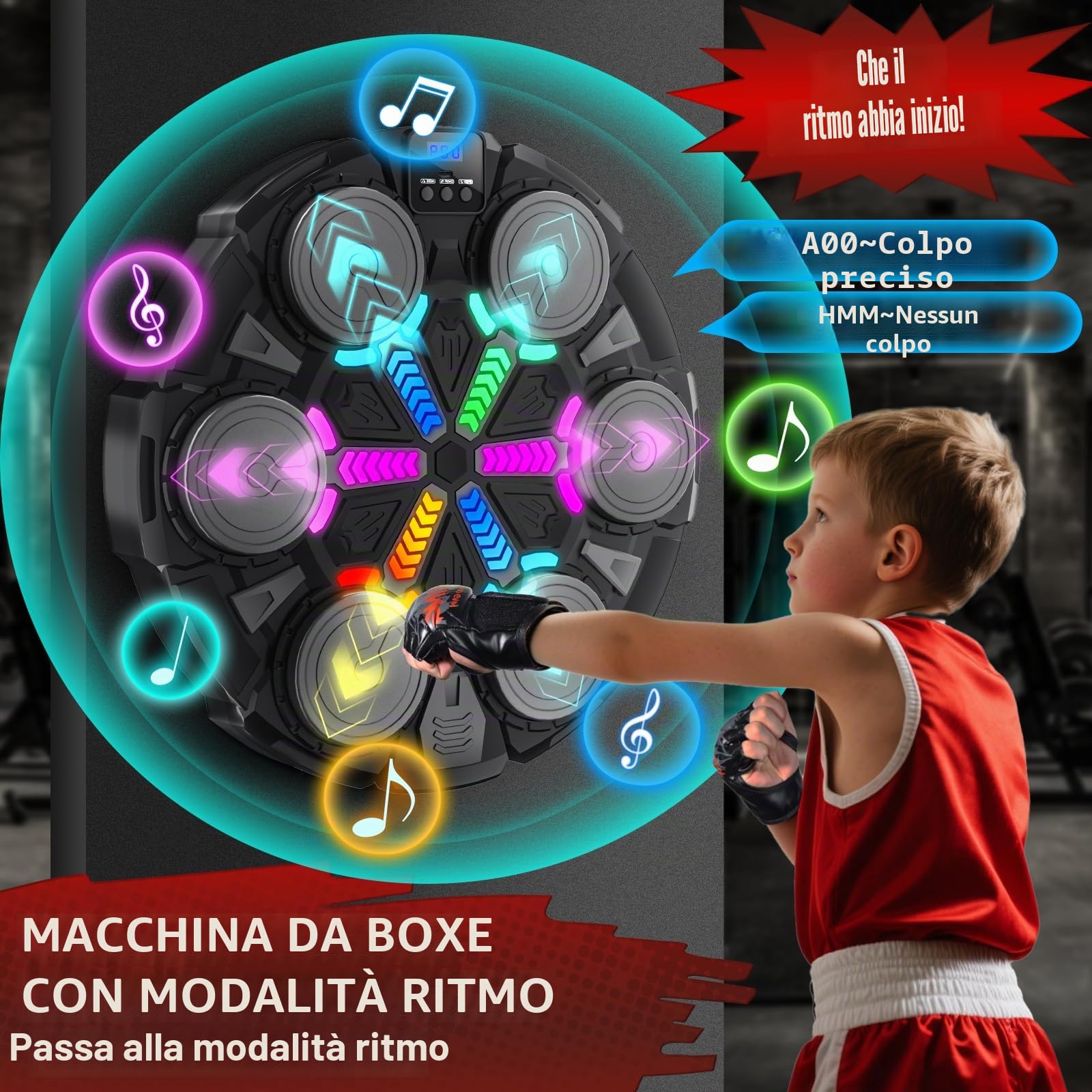 Music Boxing Machine, Macchina da Boxe Musicale da Parete con Guantoni, Luci e Ritmo, 3 modalità e 6 velocità Regolabili, Set da Boxe per Bambini e Adulti