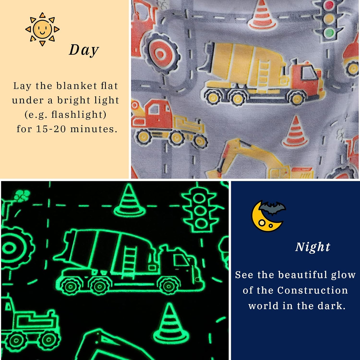 Glow in The Dark Blanket Boys Gifts for Kids Fuzzy Cozy Warm Soft Fleece Glowing Tractor Blankets for Bed Sofa Couch Unique Gifts Construction Truck Throw Blanket for Boys Teens 50"×60" - Image 4