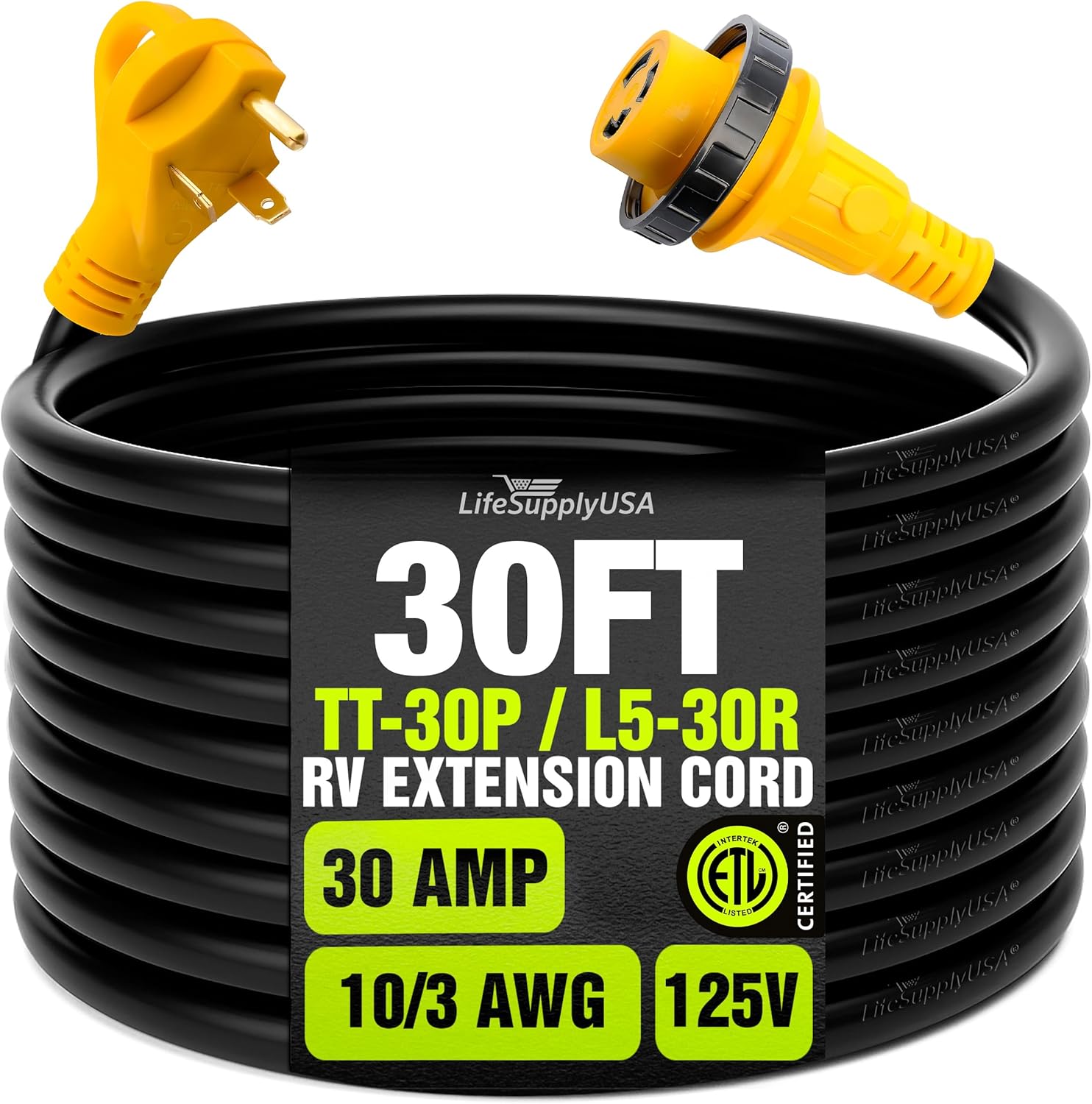 15ft RV Extension Cord 30 AMP (TT-30P/L5-30R) with Twist-Lock Connector and Easy Grip Handle - 10/3 AWG 125 Volt - Heavy Duty - ETL Listed, STW, by LifeSupplyUSA