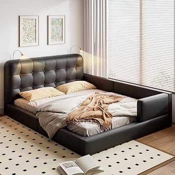 Queen Size PU Leather Upholstered Bed with 2 Reading Lights, Wood Floor Bed Frame with Ergonomic Headboard Black