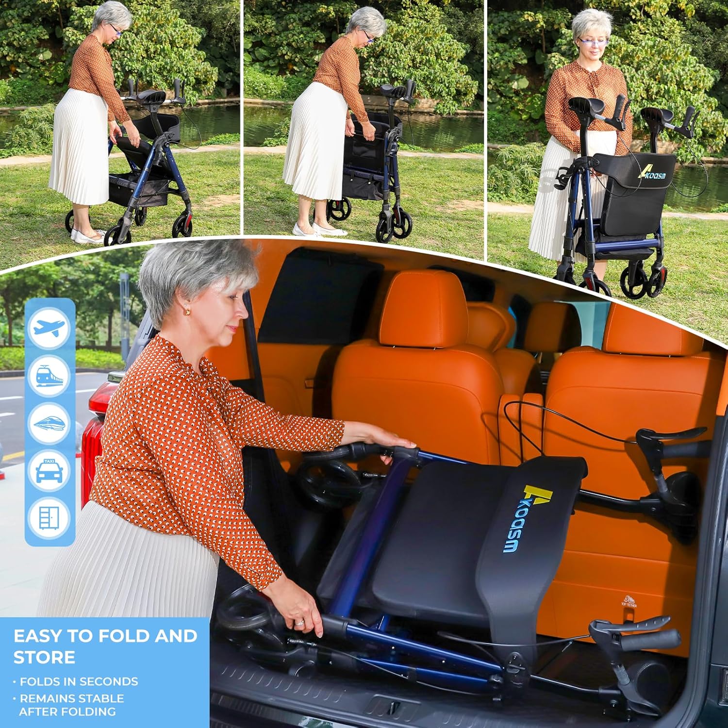 A senior woman demonstrating how to fold the AKOASM Upright Walker and place it into a car trunk for transport.