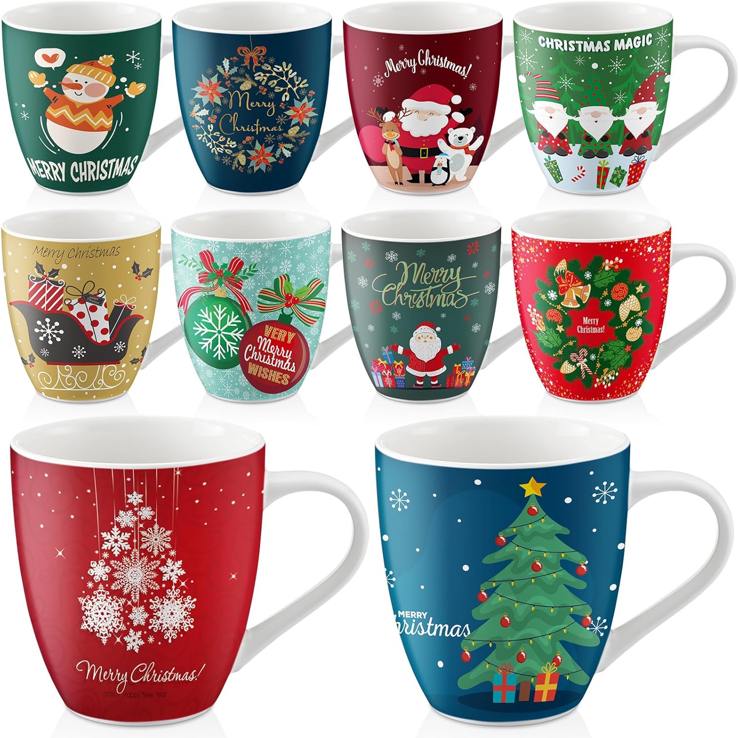 10 Pcs Large 17oz Christmas Ceramic Mugs Set Christmas Gifts Classic Vintage Holiday Coffee Cute Cups with Handle Hot Cocoa Coffee Bar Mug Bulk Xmas Party Favor for Housewarming Office