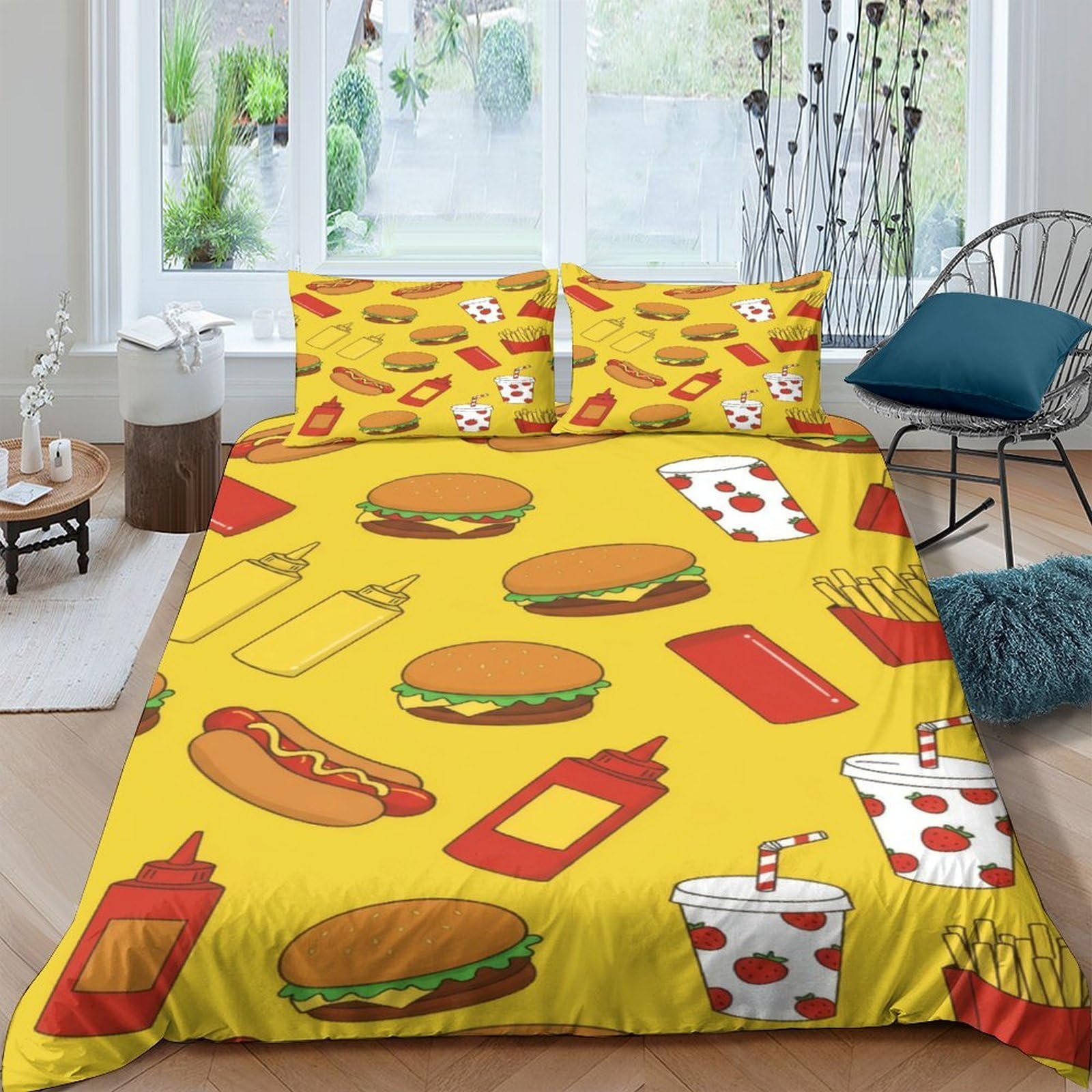 Ctjqhvkz Style-2 3D Printed Fast Food Fitted Sheet Microfiber Soft Burger And Soda Bed Cover For Bedroom Dorm Mattress Protection Decor Single（135X200cm）
