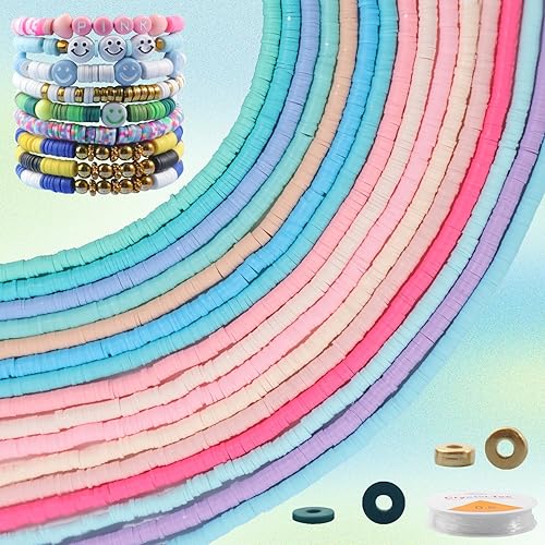 Miniatura 3 de Yochus Kit de pulsera de cuentas de arcilla de 50 hebras, 19000 unidades, cuentas planas redondas de arcilla polimérica de 0.236 in, cuentas Heishi