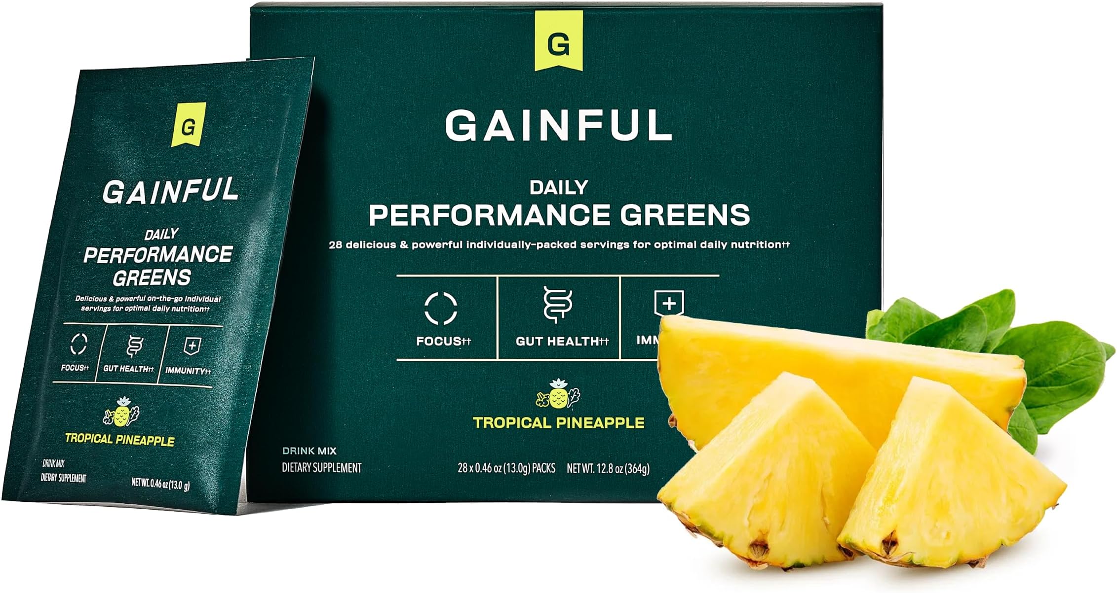 Daily Performance Greens Powder, Coconut Pineapple, Gut Health, Energy, Focus and Immune Support with L Theanine, Organic Greens, Chlorella, Ginger, Green + Adaptogen Drink Mix, 28 Packets