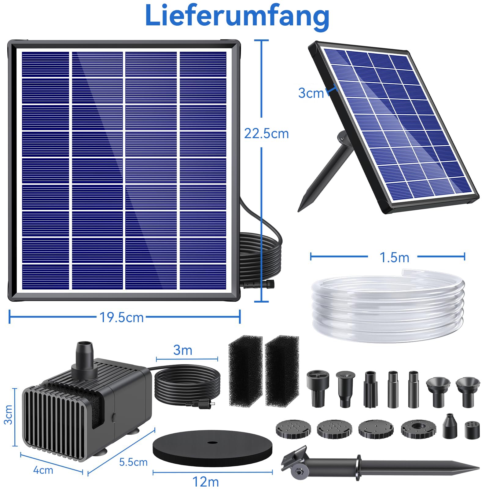 POPOSOAP Solar Springbrunnen für Außen, 6,5W Teichpumpe Solar mit verbessertem Trockenlaufschutz und doppellagigen Düsen, 1,5 m Schlauch für Teich, Vogelbad, Gartenwasserspiel