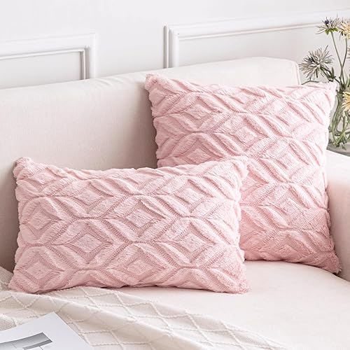 Miniatura 2 de AQOTHES Juego de 2 fundas de almohada de piel sintética de color rosa suave de 12 x 20 pulgadas, almohadas lumbares decorativas bohemias para sofá,