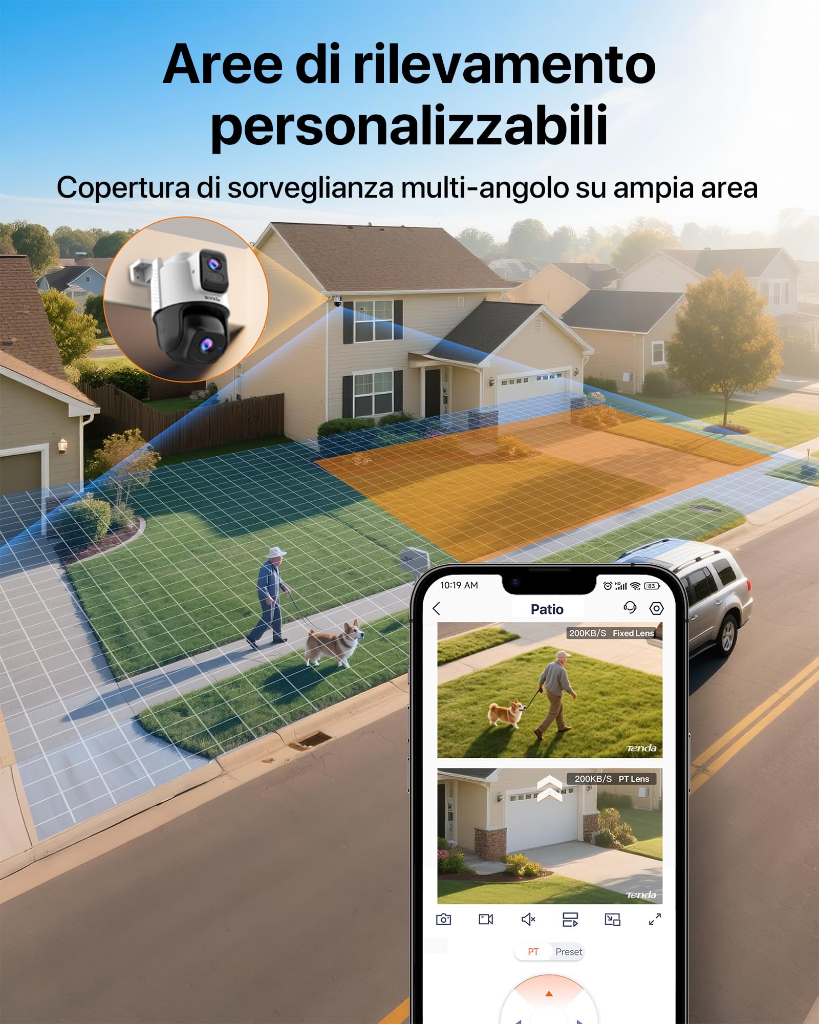 Tenda CH9 Telecamera Wi-Fi Esterno Doppia Lente 2K+2K, Wi-Fi 6 PTZ 360°, Pattugliamento Automatico, Visione Notturna a Colori, Allarme Sonoro/Luminoso, Rilevamento Umano/Veicoli, IP65