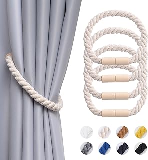 NICEEC 4 Pack Wooden Magnetic Curtain Tiebacks Boho Home Decoration Drape Tie Backs Natural Cotton Handmade Rope Curtain Holdbacks for Thin or Thick Home & Office Window Drapery (Beige)