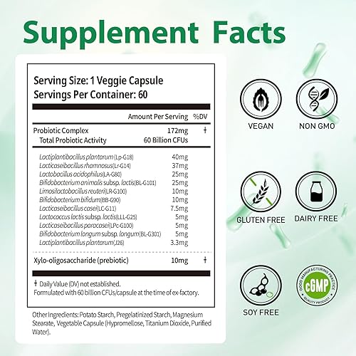 Miniatura 2 de Suplementos probióticos 60 mil millones de UFC, 11 cepas diversas prebióticos naturales para inmune, la salud intestinal digestiva apoya el